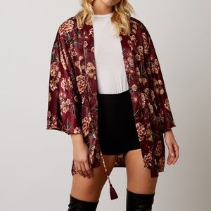 Cotton Candy Plum Maroon Floral Front Tie Kimono Cardigan